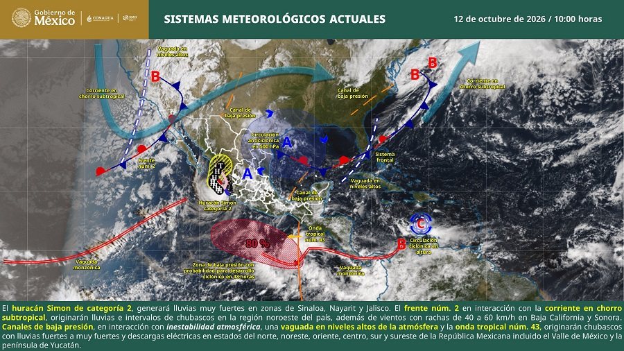 Alertan por clima extremo en México por la interacción del Frente Frío 2, el ciclón Simón y la Onda Tropical 43