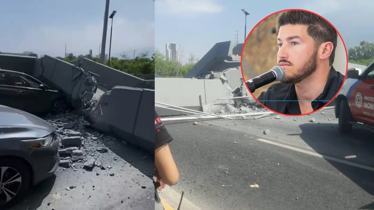 Colapsa puente peatonal sobre la avenida Constitución en Monterrey y deja dos vehículos destruidos